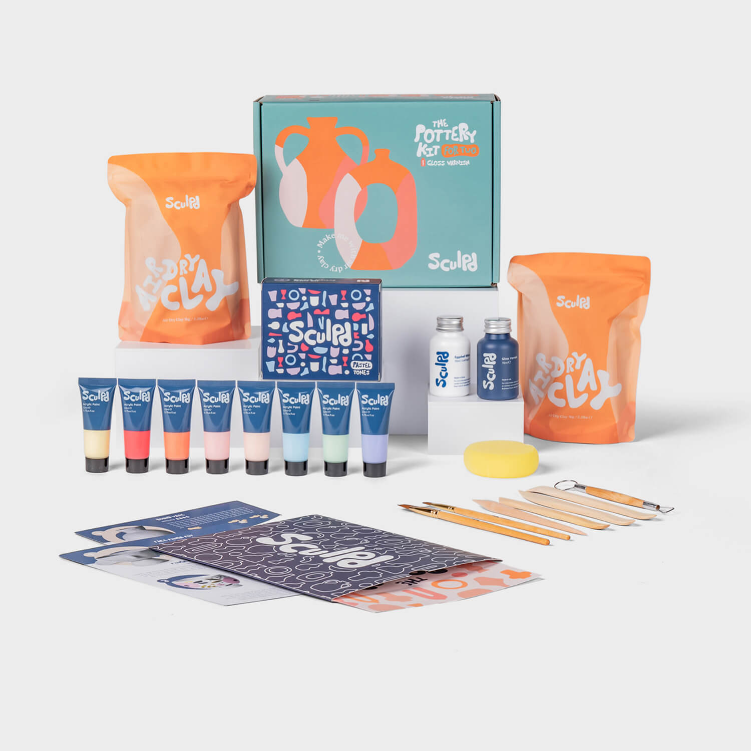 Sculpd Pottery Kit for Two with Pastel Paints, Varnishes, and Kit Tools 
