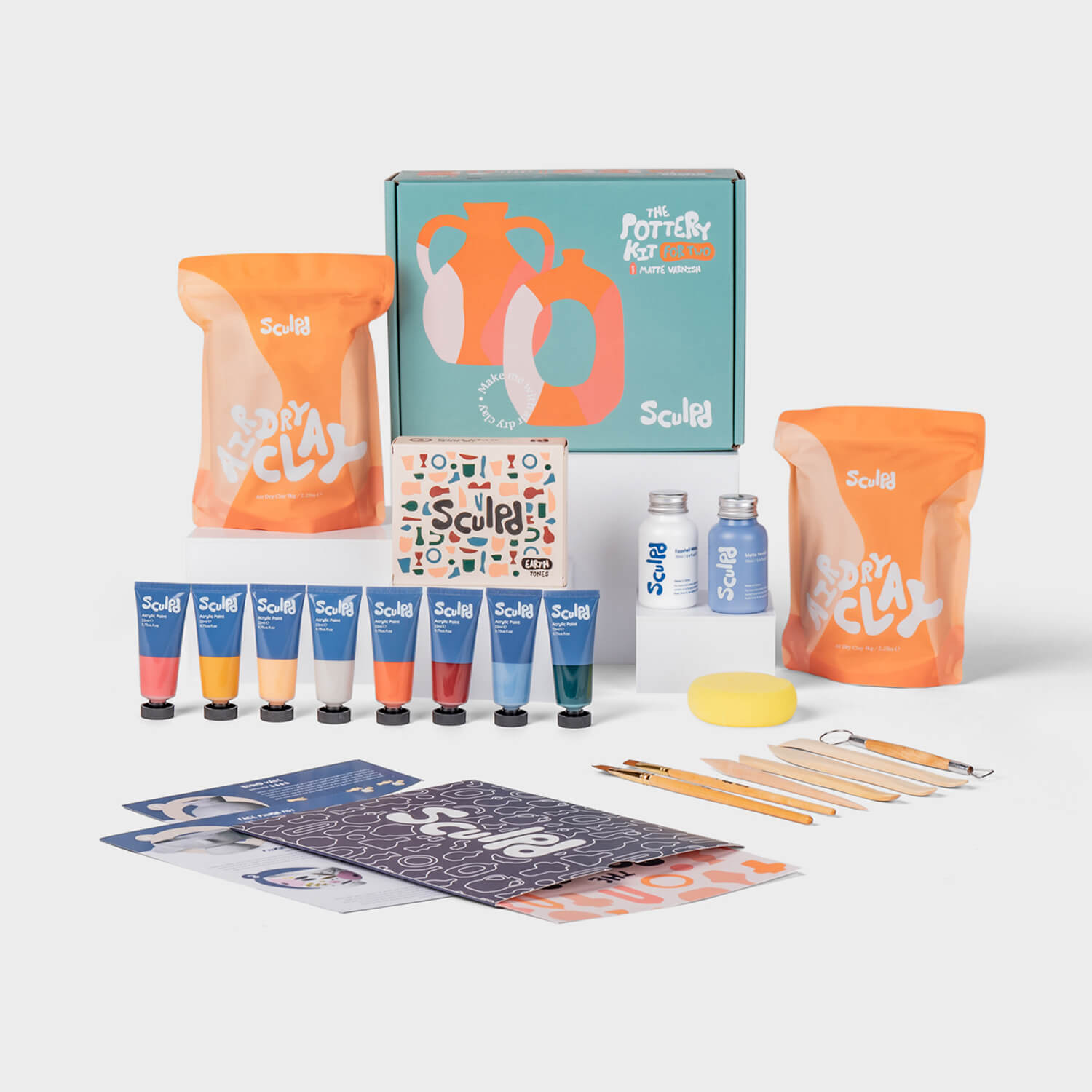 Sculpd Pottery Kit for Two with Earth Paints, Varnish, and Paintbrush Tools 