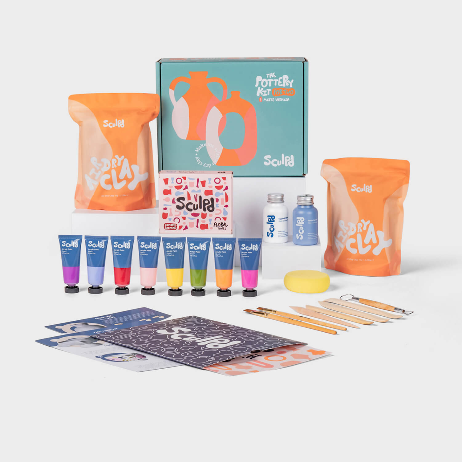 Sculpd Pottery Kit for Two with Floral Paints, Varnish, and Paintbrush Tools 