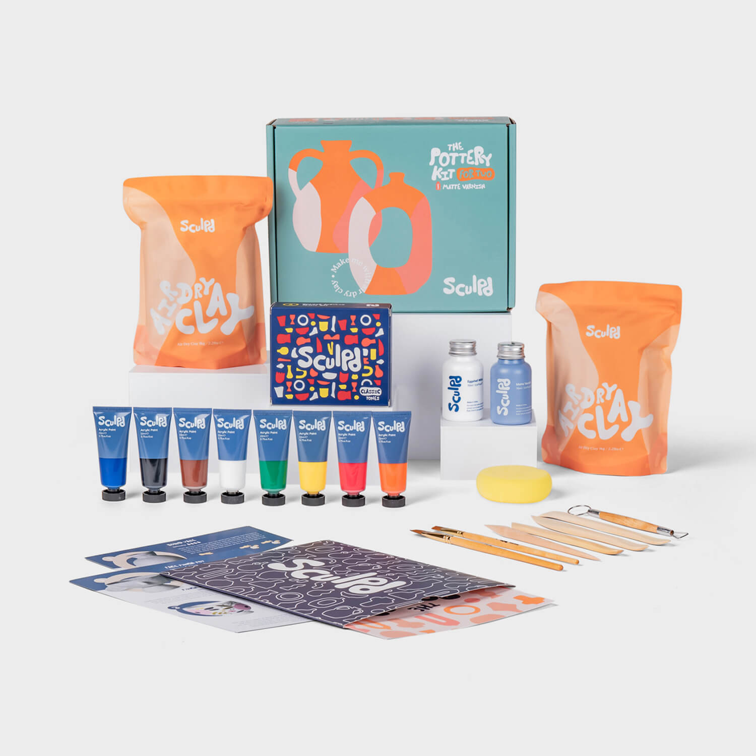 Sculpd Pottery Kit for Two with Classic Paints, Varnish, and Paintbrush Tools 