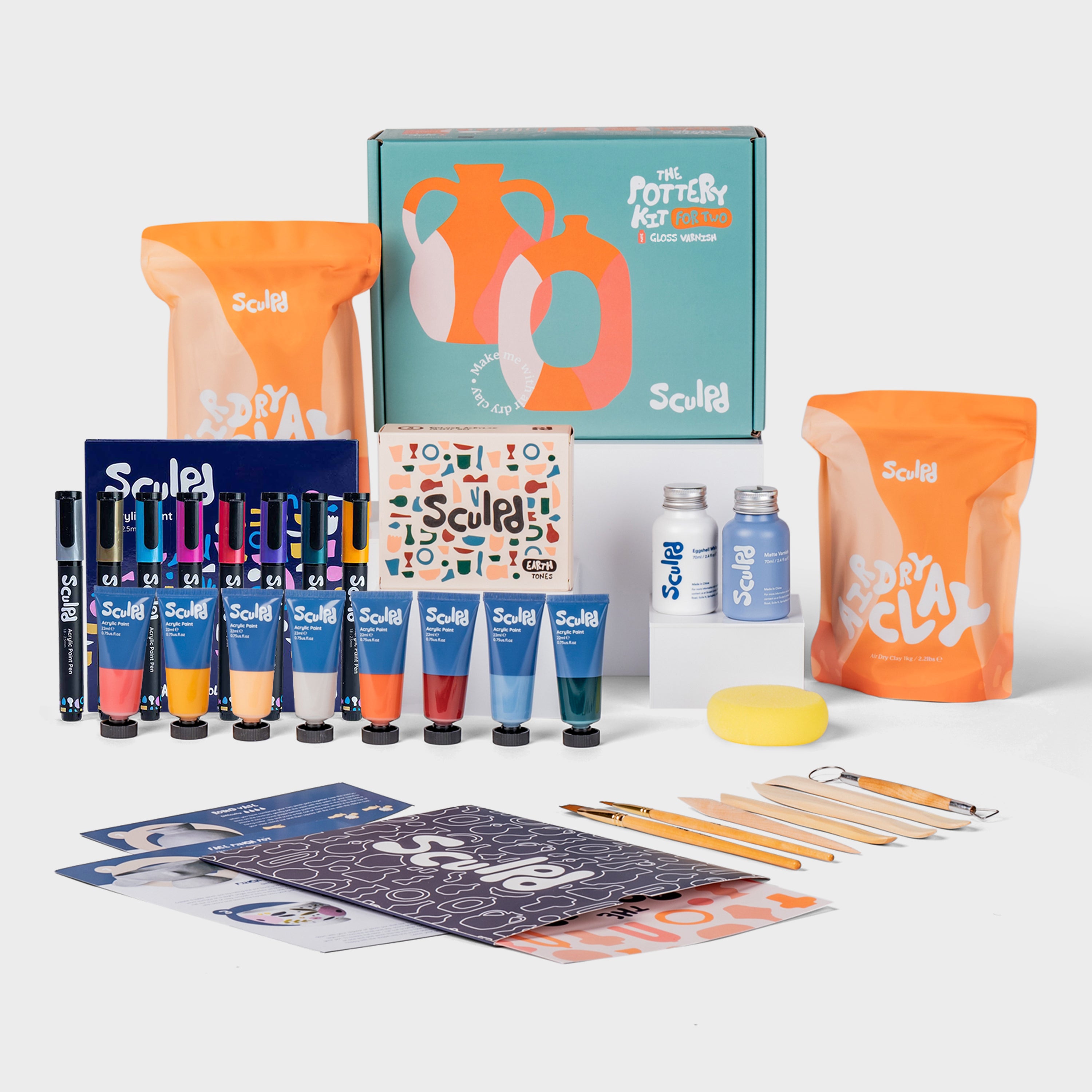 Sculpd AU Pottery Kit for Two with Earth Paints and Metallic Paint Pens