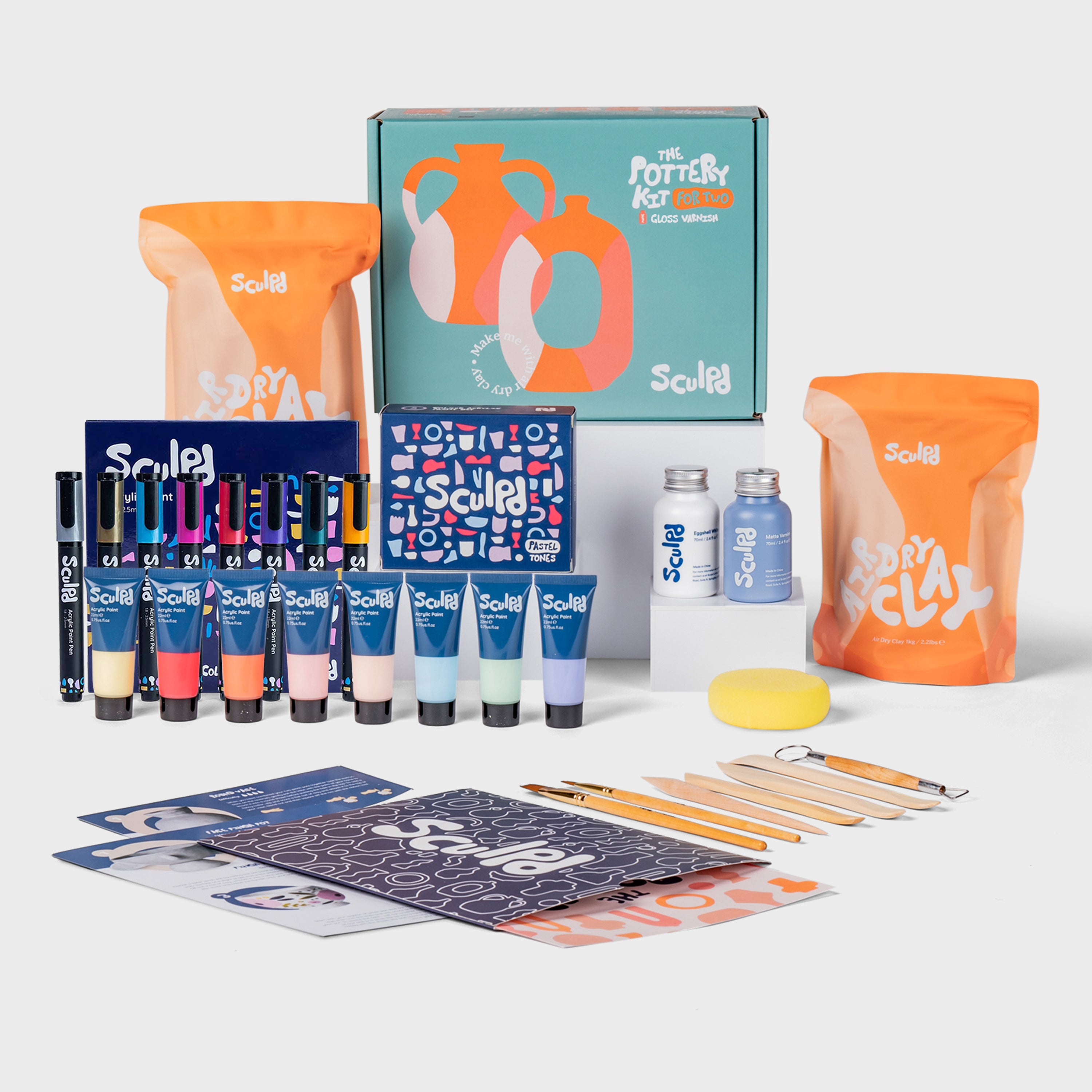 Sculpd AU Pottery Kit for Two with Pastel Paints and Metallic Paint Pens