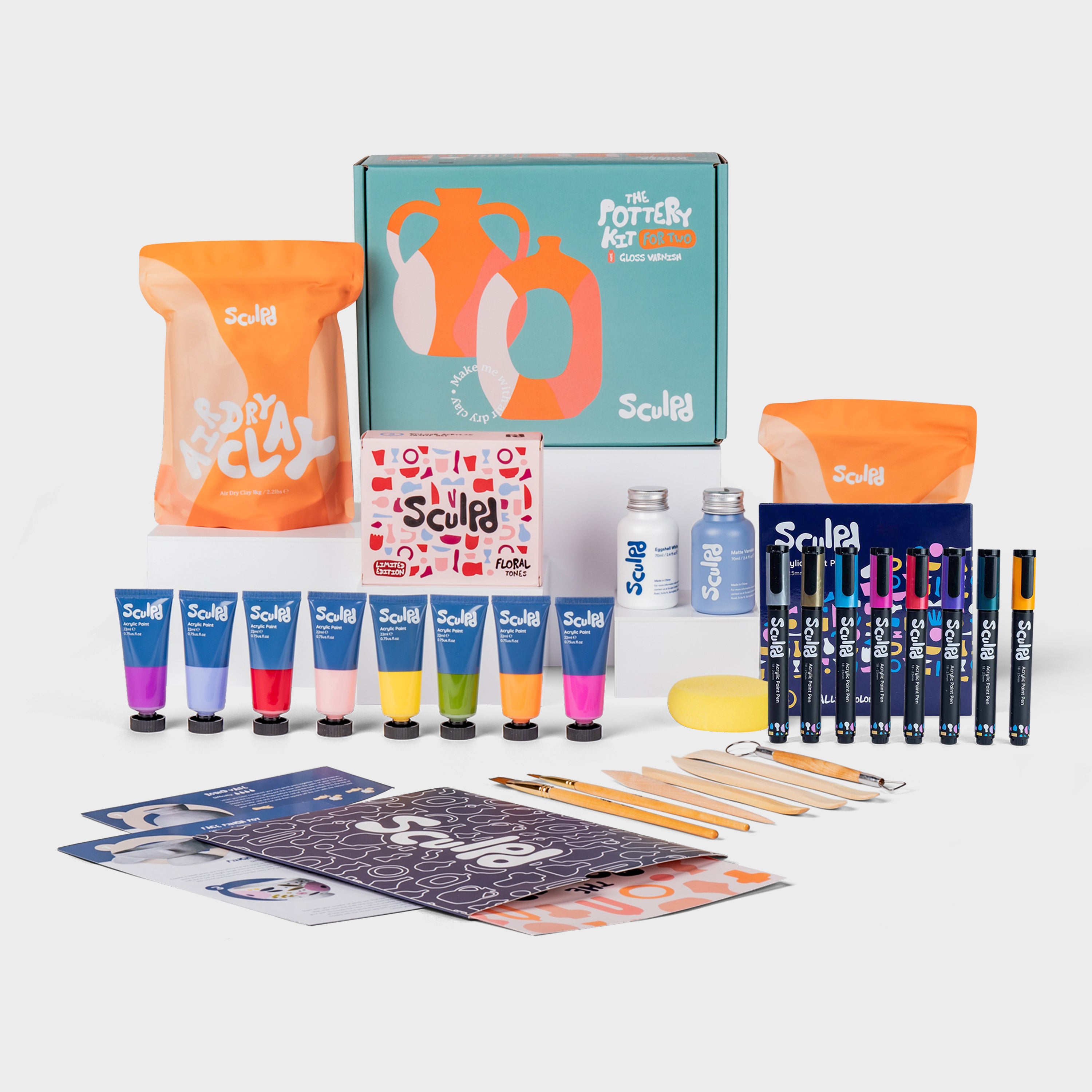 Sculpd AU Pottery Kit for Two with Floral Paints and Metallic Paint Pens